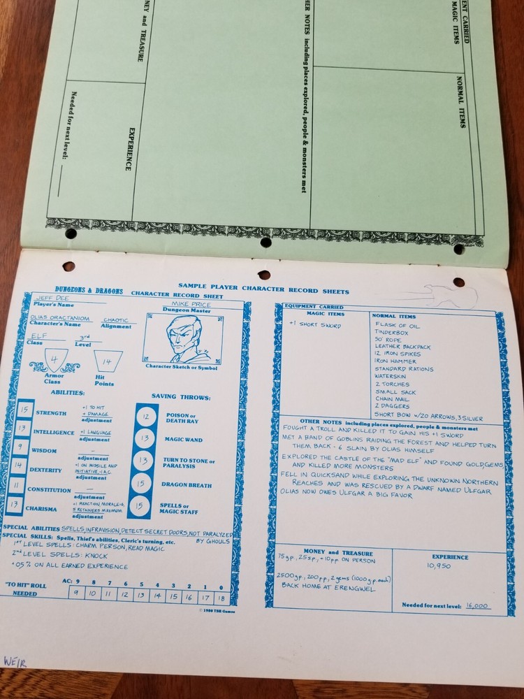 D&D Player Character Record Sheets TSR 9037