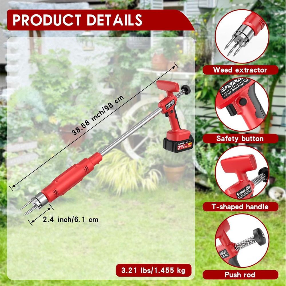 Electric Weed Puller Tool - 3 Claw Steel Head Stand up Long Handle Weed Puller w