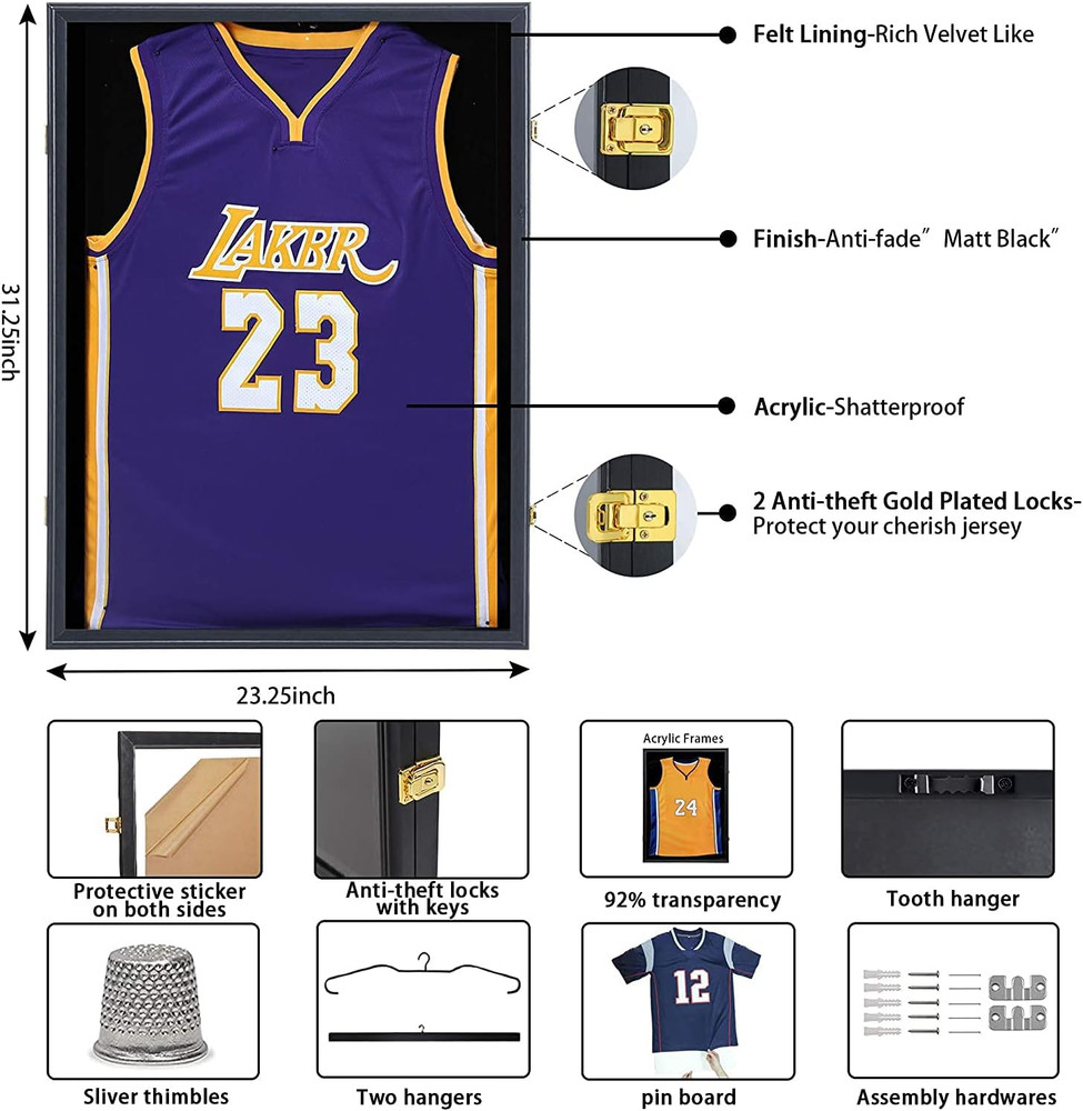 Jersey Frame Display Case, Large Lockable Shadow Box Sports Jersey Frame with UV