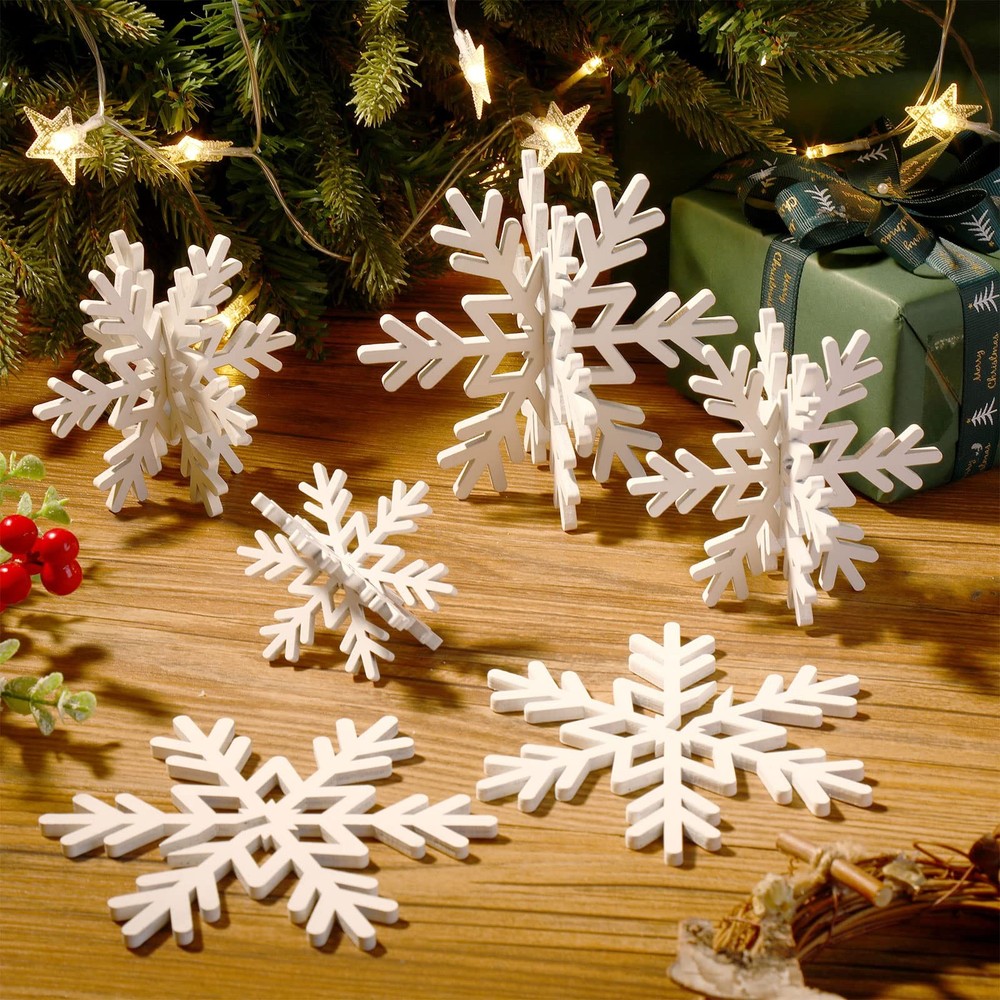 Bucherry 12 Pcs Wooden Snowflake Table Decor 3D Tabletop White