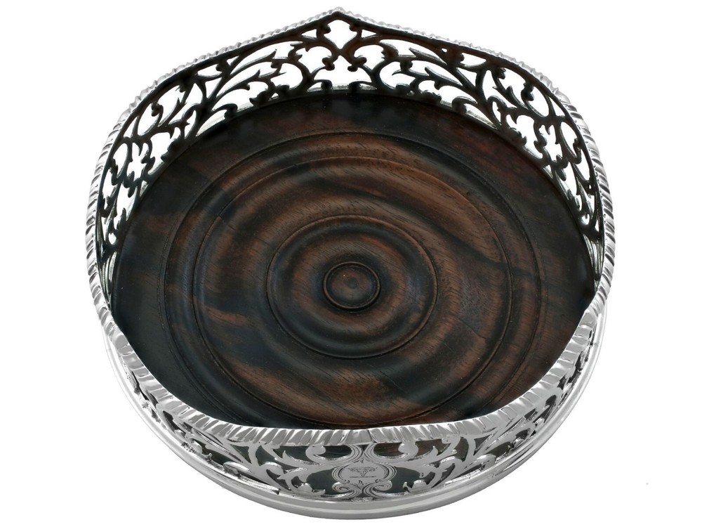 Antique Victorian Sterling Silver and Walnut Wood Coasters