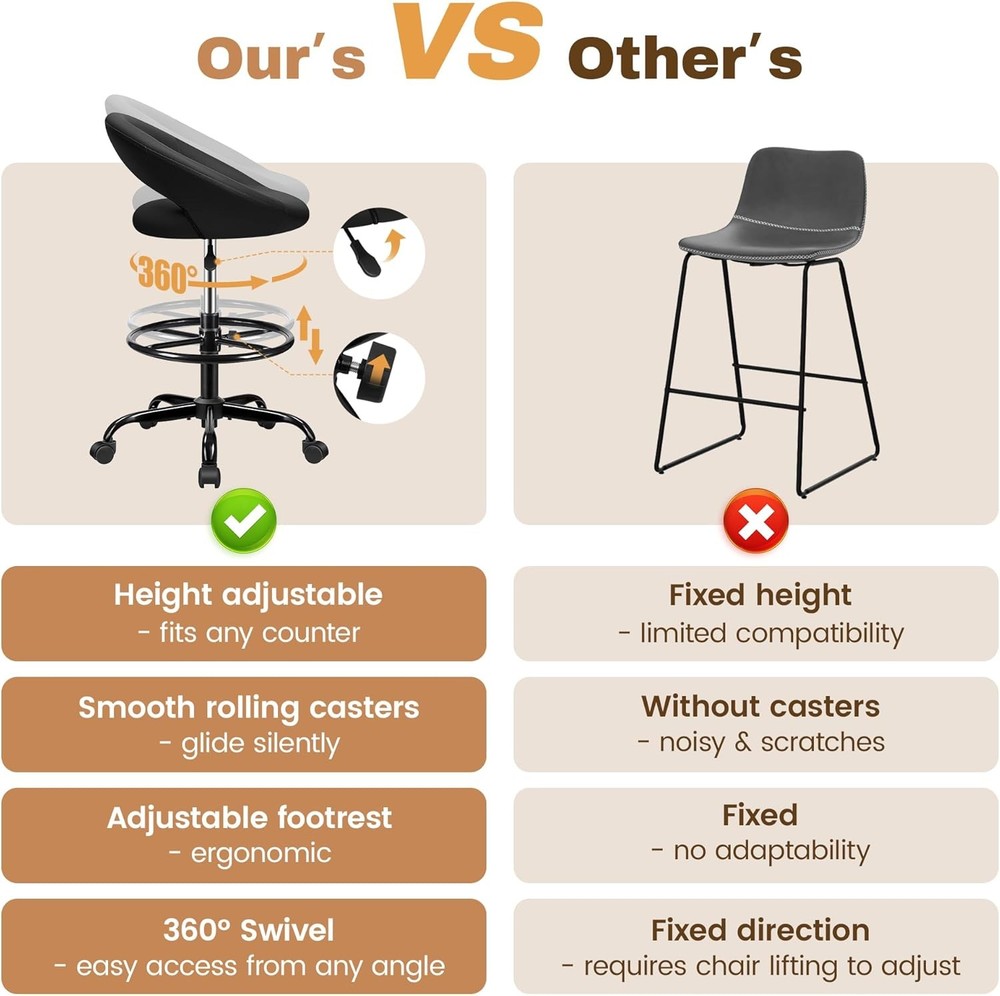 Office Drafting Chair Bar Stools W/ Back Support Adjustable Foot Rest & Wheels