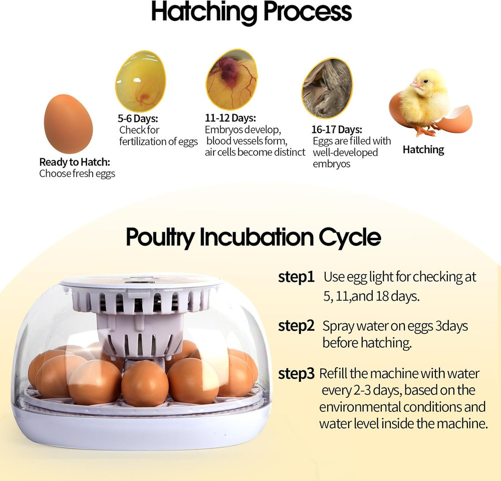 12 Egg Incubator with Automatic Turning, Humidity Control, Auto Water Addition,