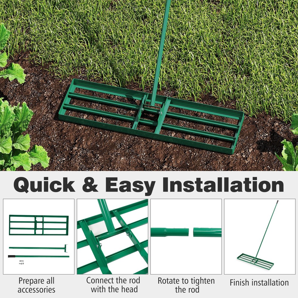 36” x 10” Large Lawn Leveling Rake with 67” Handle, Non-slip Grip, Flat Head