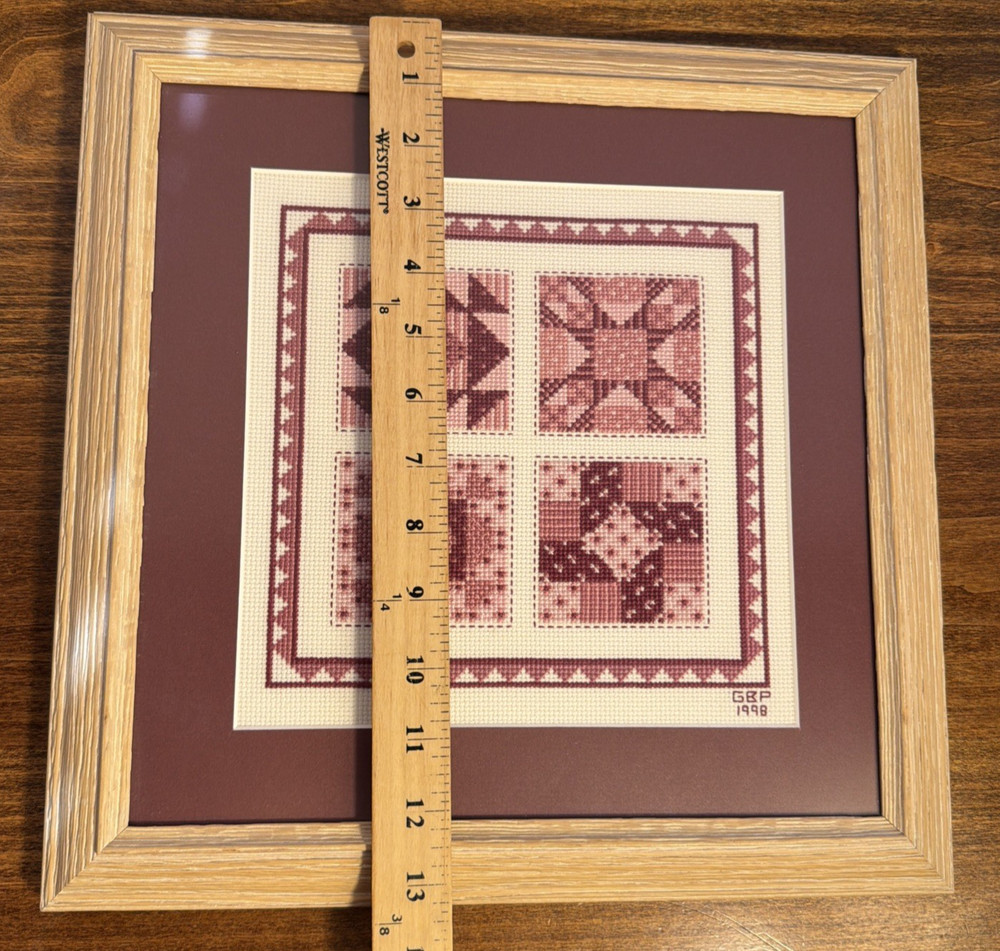 Vintage Handmade Framed Cross Stitch Quilt Pattern Blocks Wall Decor Pinks