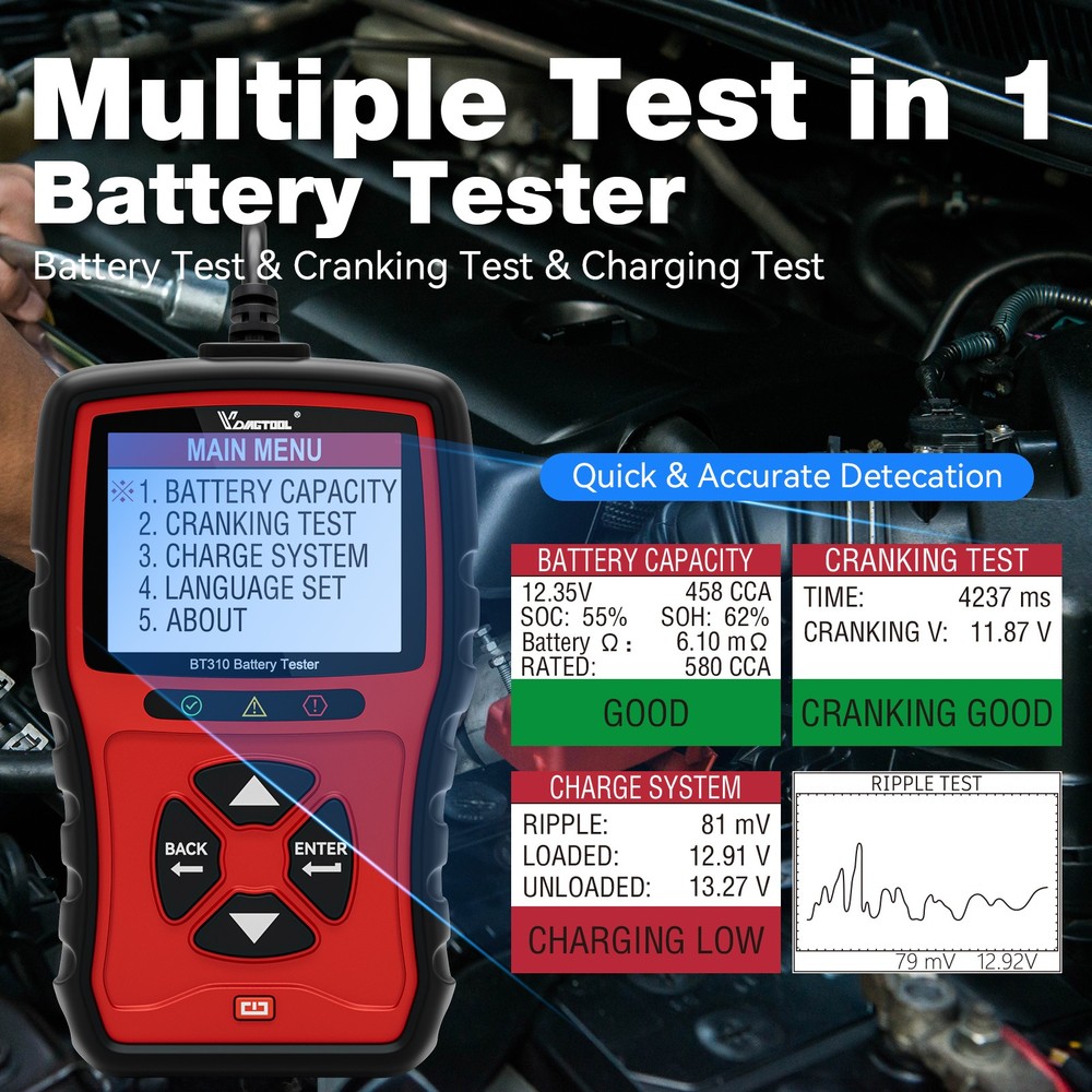 VDIAGTOOL BT310 Car Battery Tester 12V/24V Load Tester Charging System Analyzer