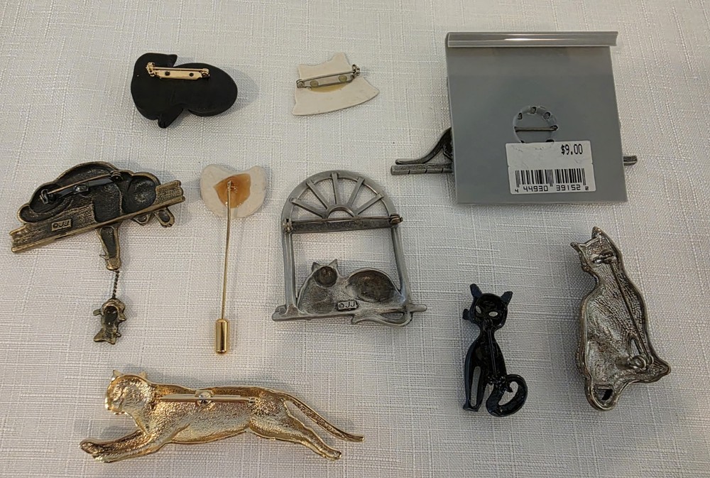 Vintage Set Of 9 Cat Brooch Pins