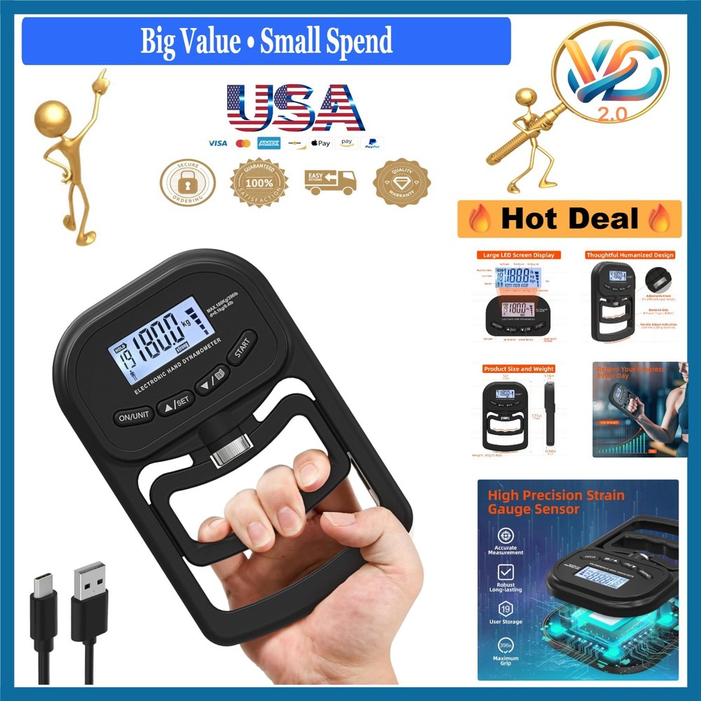 Rechargeable Digital Grip Strength  Meter 396lbs with LCD Display