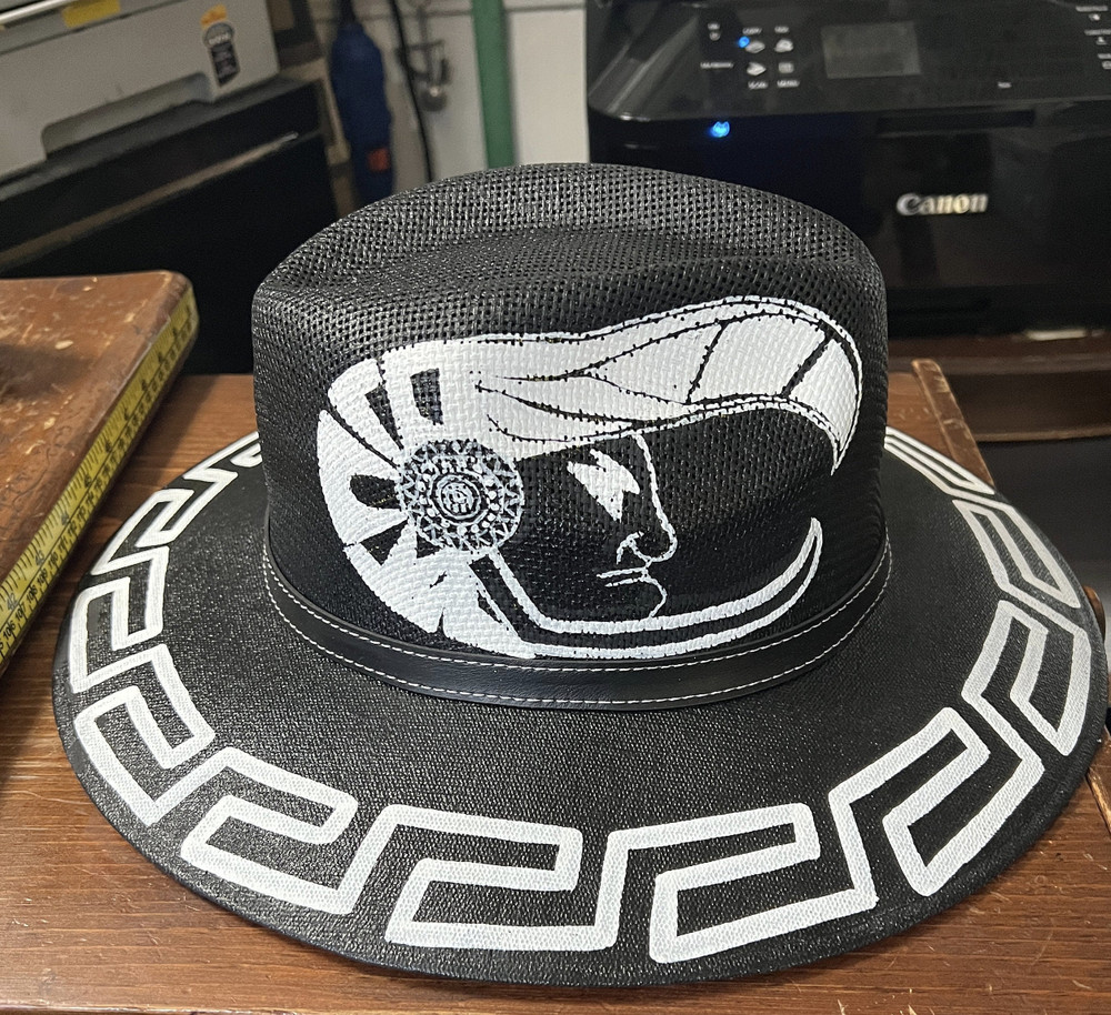 Hat, Eagle Warrior, Azteca Design, Hand Painted, Black Straw Hat, Mexico, Greka