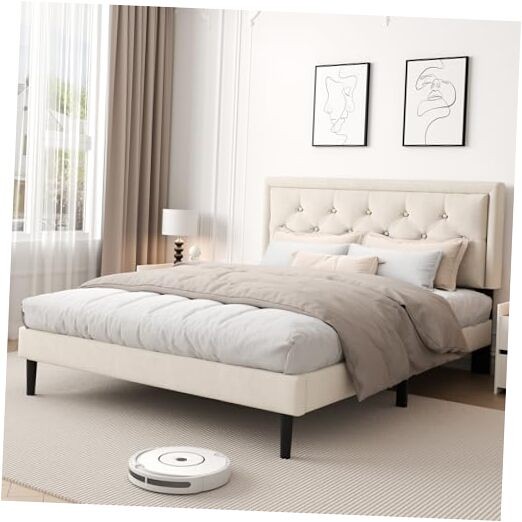 Size Platform Bed Frame with Upholstered Velvet Button Tufted Full Beige