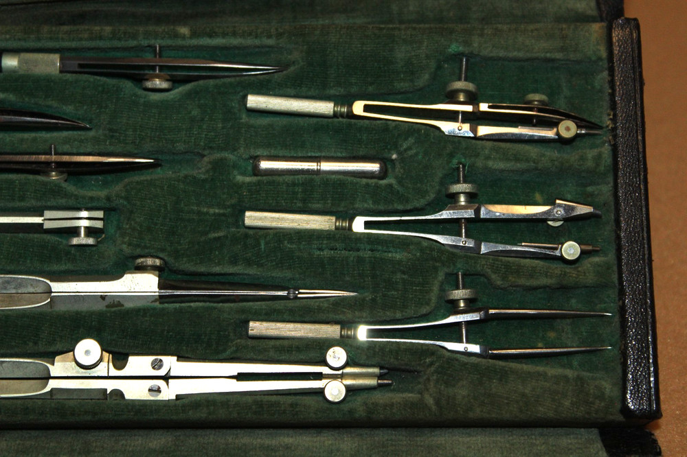Vintage Drafting Tools With Case Complete 10 piece Set + Protractor
