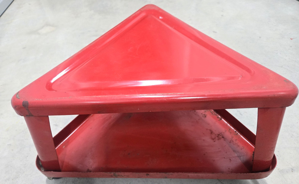 Vintage Red Triangular Rolling Metal Stool on Wheels Mechanic Industrial