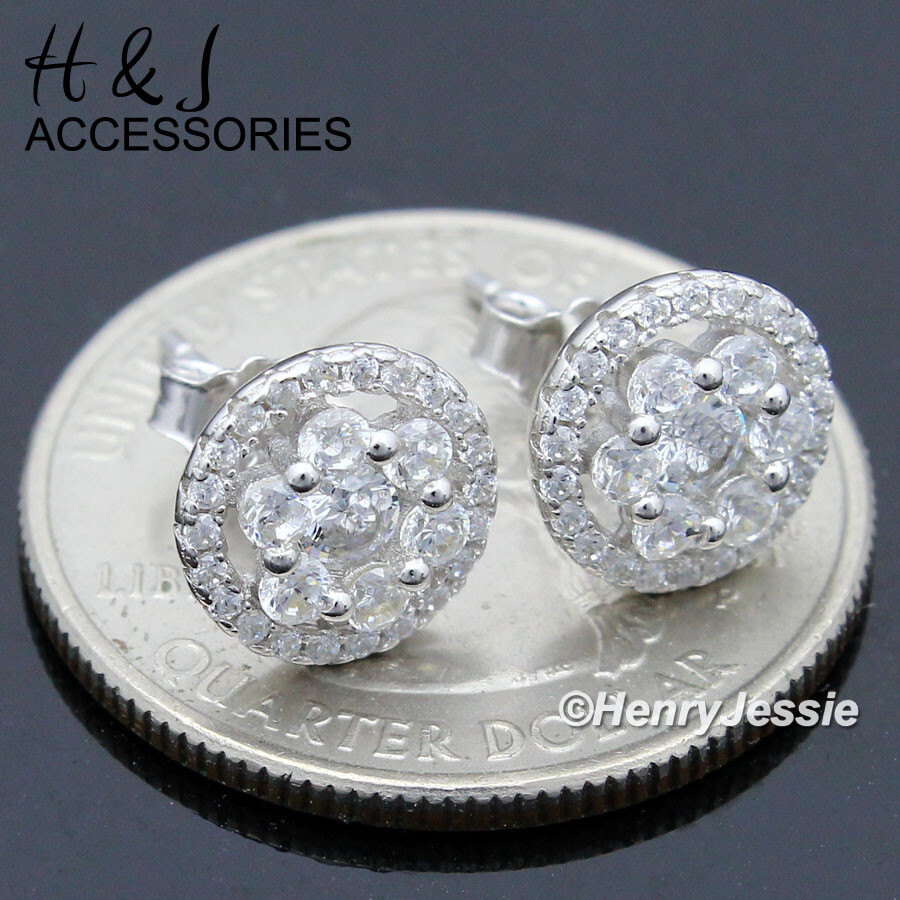 925 STERLING SILVER ICY BLING CZ 9MM SILVER ROUND PUSH BACK STUD EARRING*E145