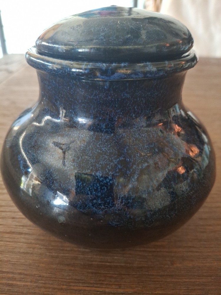 Studio Art Lidded Jar Dark Blue Glaze Pretty Shape Substantial Use Or Admire It!