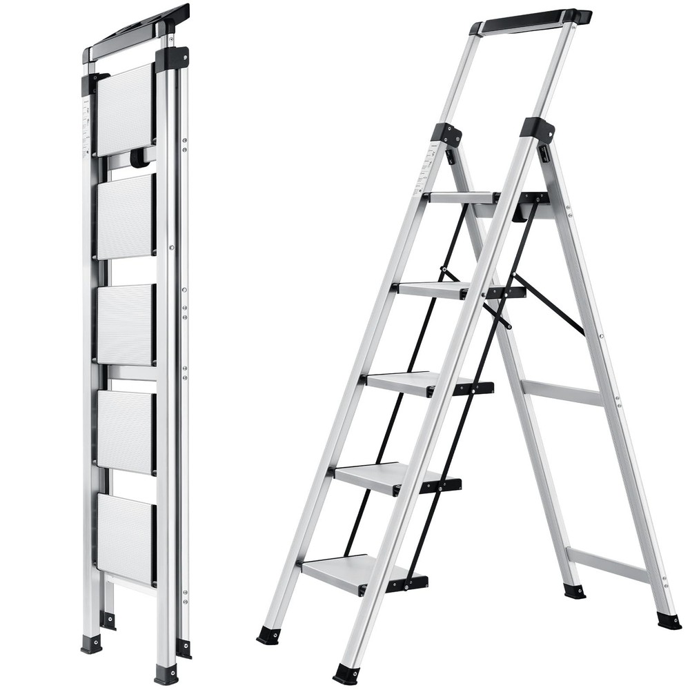 XinSunho 5 Step Ladder, Retractable Handgrip Folding 5 step, Silver