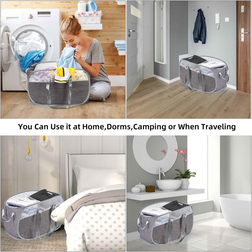 Collapsible Laundry Baskets, 2 Compartment Pop Up Mesh Hamper Foldable 75L La...