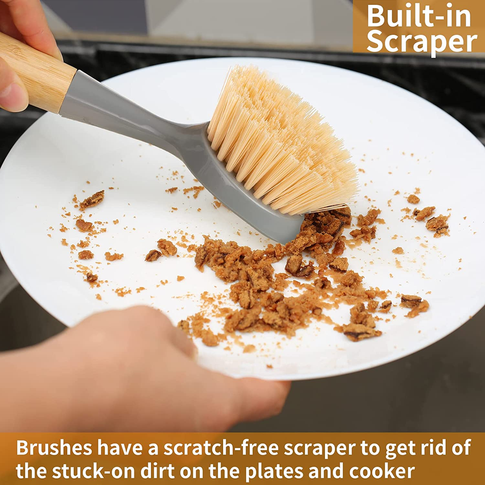 2 Pack Kitchen Dish Scrubber Bamboo Handle Brush Built-in Scraper Scrub Scraper