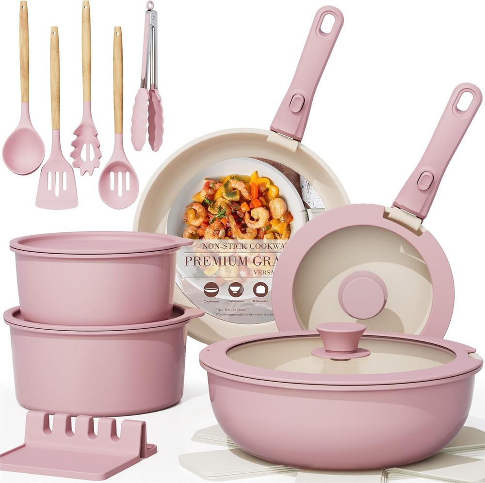 21Pc Nonstick Ceramic Cookware Set – Detachable Handle Stackable Pink