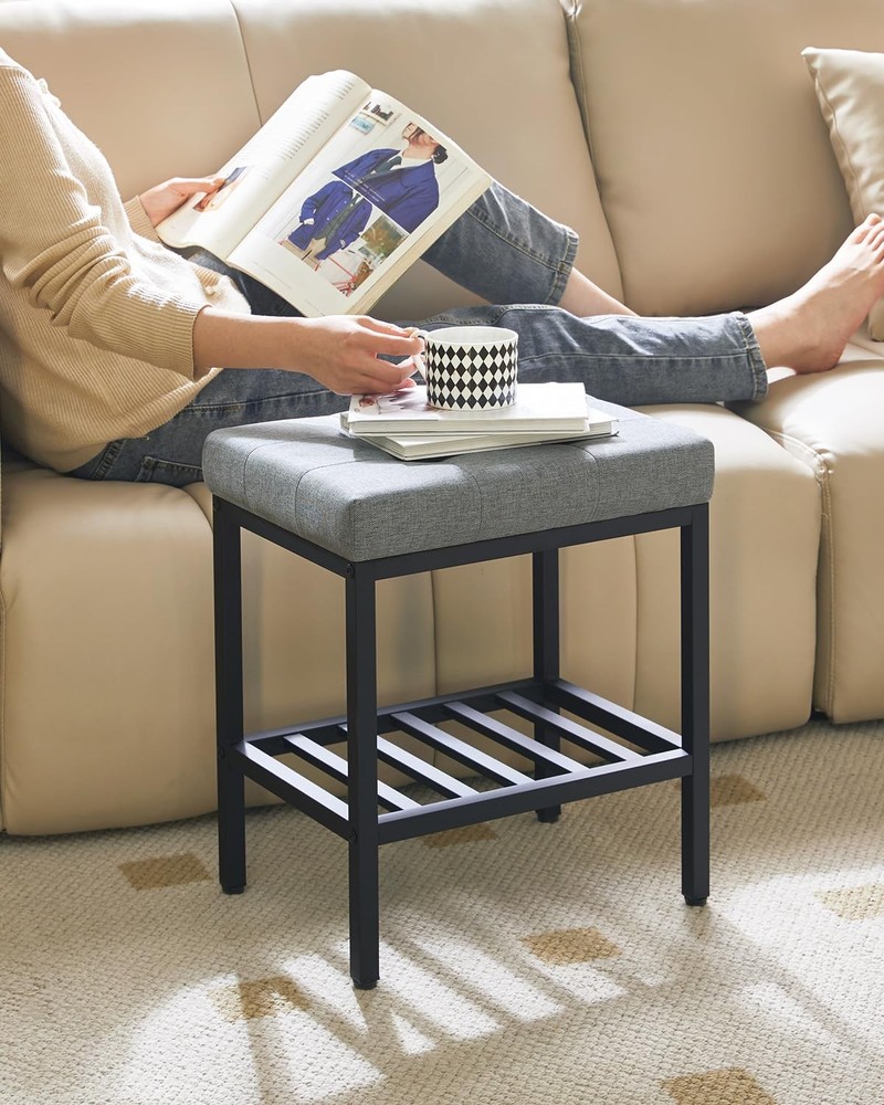 WBD017L Rectangular Makeup Stool Adjustable Storage Linen Vanity Blue Gray
