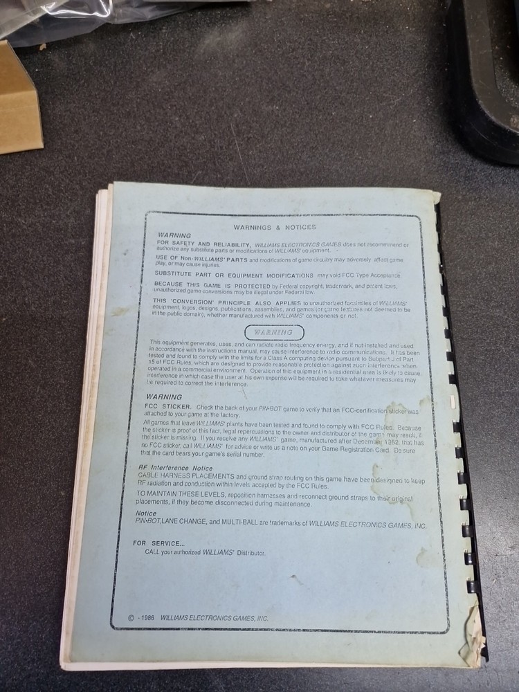 William's PINBOT Pinball Machine Instruction Manual COPY- Used