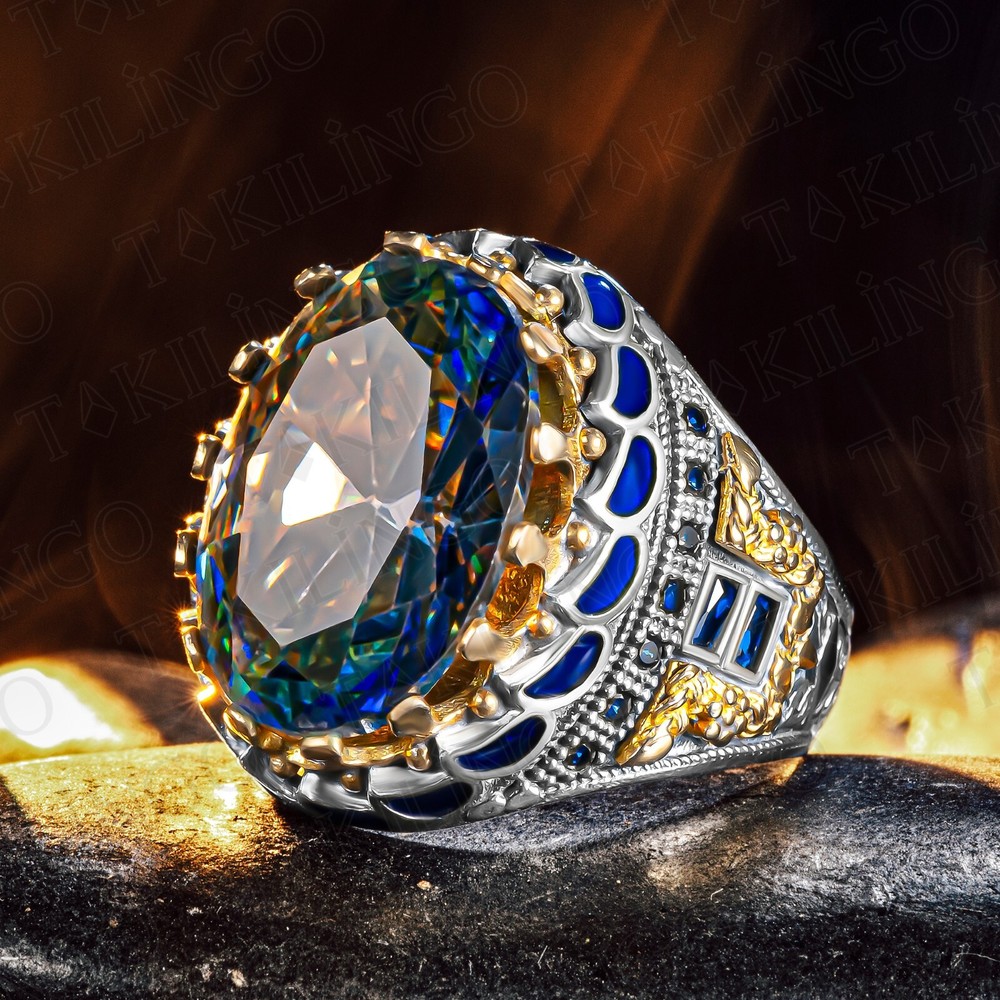 Solid 925 Sterling Silver Oval Shape Blue Topaz Stone Turkish Men's Ring
