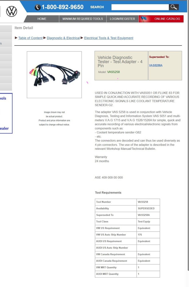 VW Audi Vehicle Diagnostic Testing Adapter Interface Cable OEM VAS5258