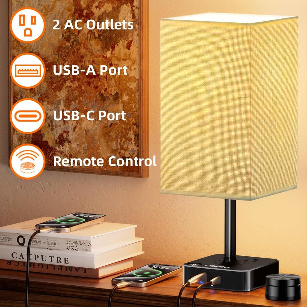 Bedside Lamp with Remote Control & Dimmable Light, 2 AC Outlets + USB-C/USB-A...