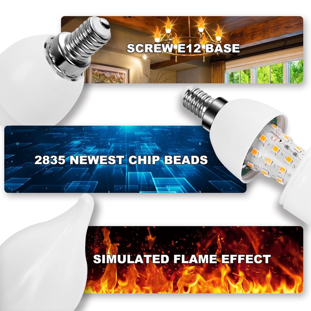 E12 LED Flickering Candelabra Flame Effect Light Bulbs - Upgrade Flicker