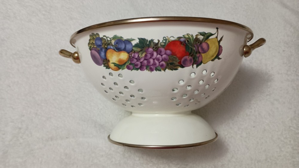 Vintage Cornucopia Colander White Enamel Colander Strainer Fruit