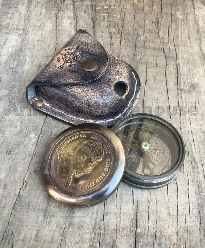 Edward VII Solid Brass Black Antique Working Compass with Leather Case