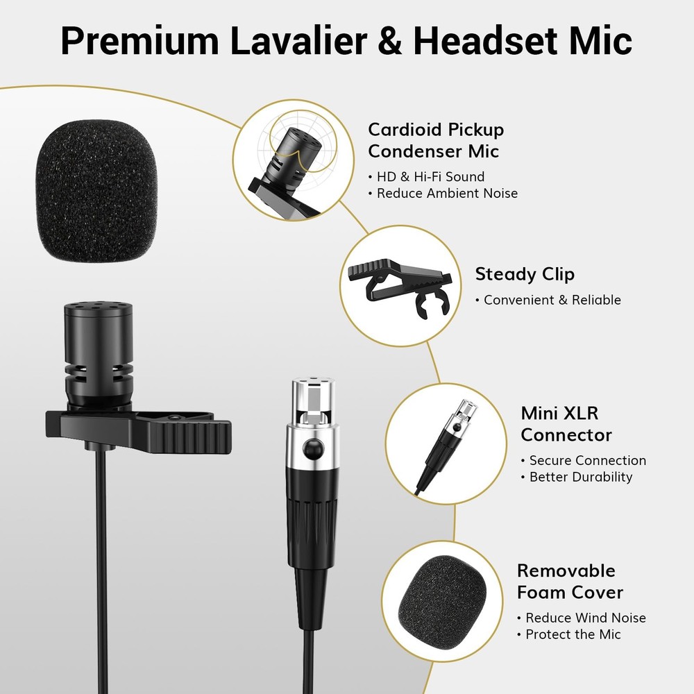 UHF Wireless Microphone System with Headset Mic/Lavalier Lapel Mic, Bodypack Tra