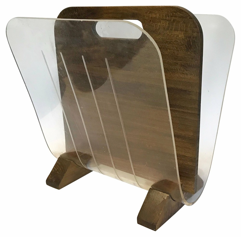 Modernist Walnut & Lucite Magazine Rack
