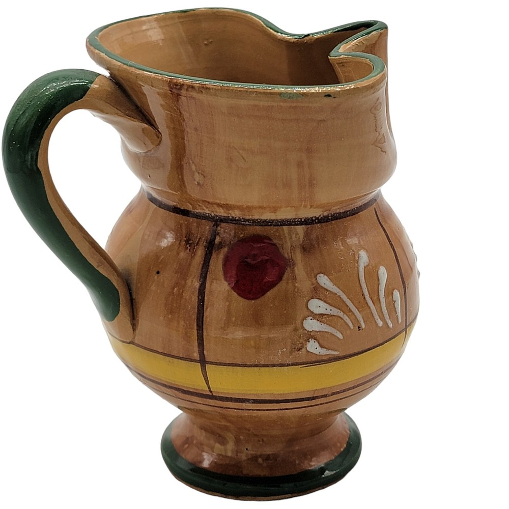 5" Brown Pottery Handled Pitcher Vase Handpainted Unsigned