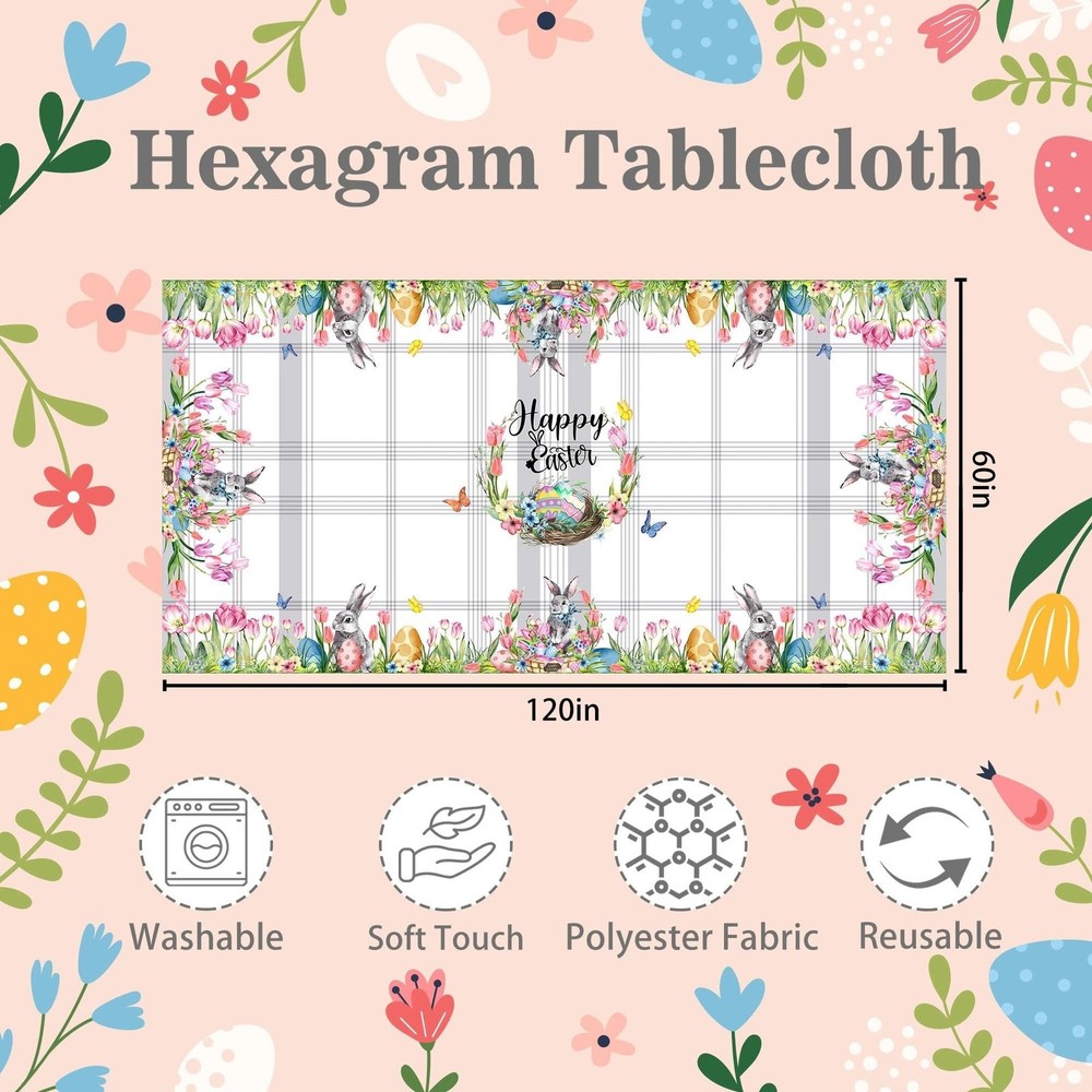 Hexagram Easter Tablecloth 60 x 120 Inch, Easter Table Cloth Rectangle Bunny ...