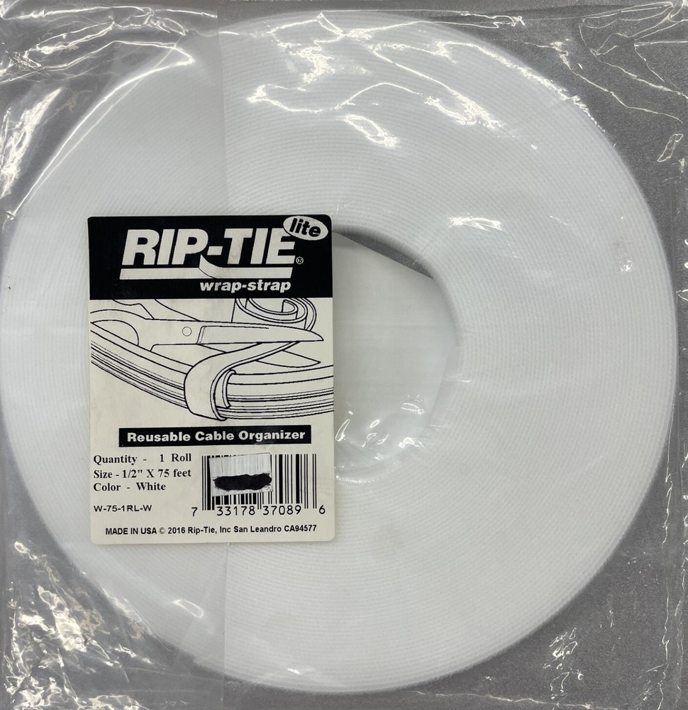 Rip-Tie W-75-1RL-W WrapStrap Cable Wrap, 1/2" x 75 ft. White