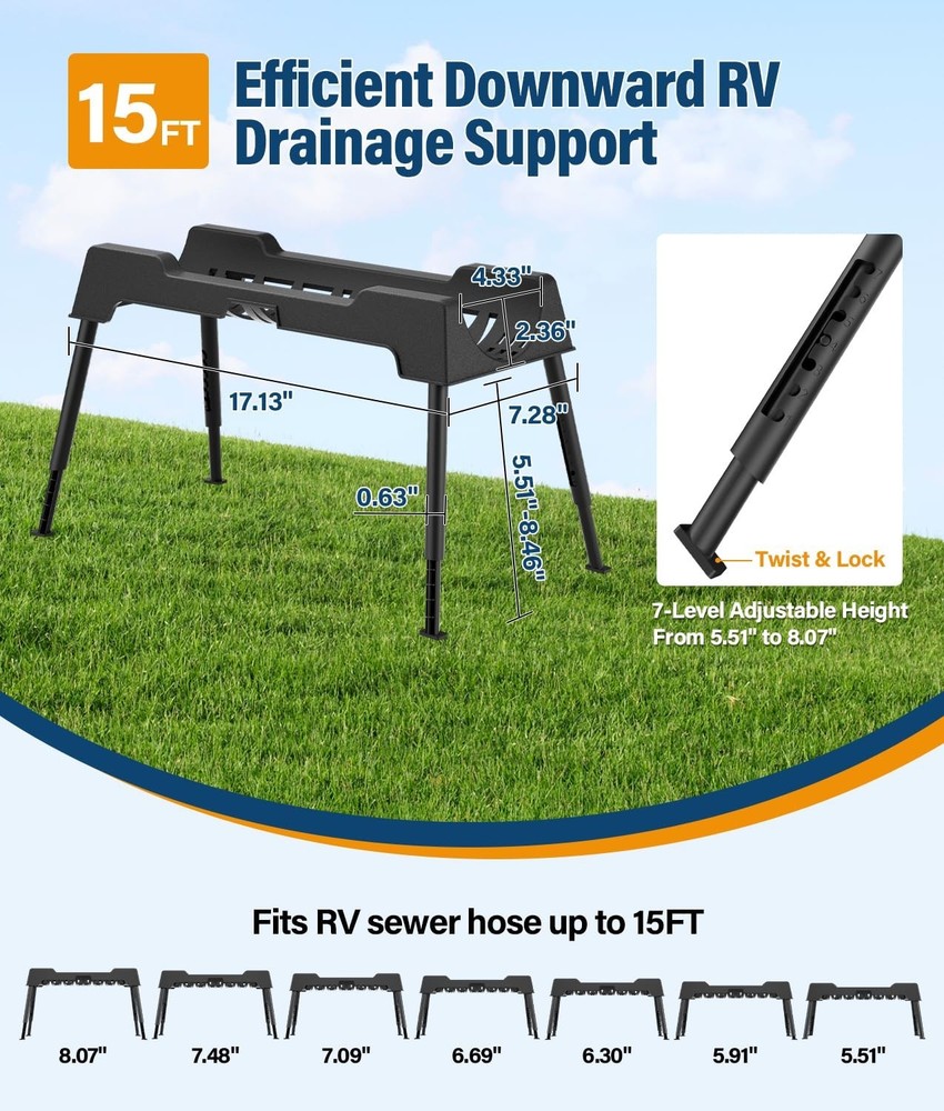 15FT Heavy-Duty RV Sewer Hose Support with 7 Foldable Sections, Adjustable