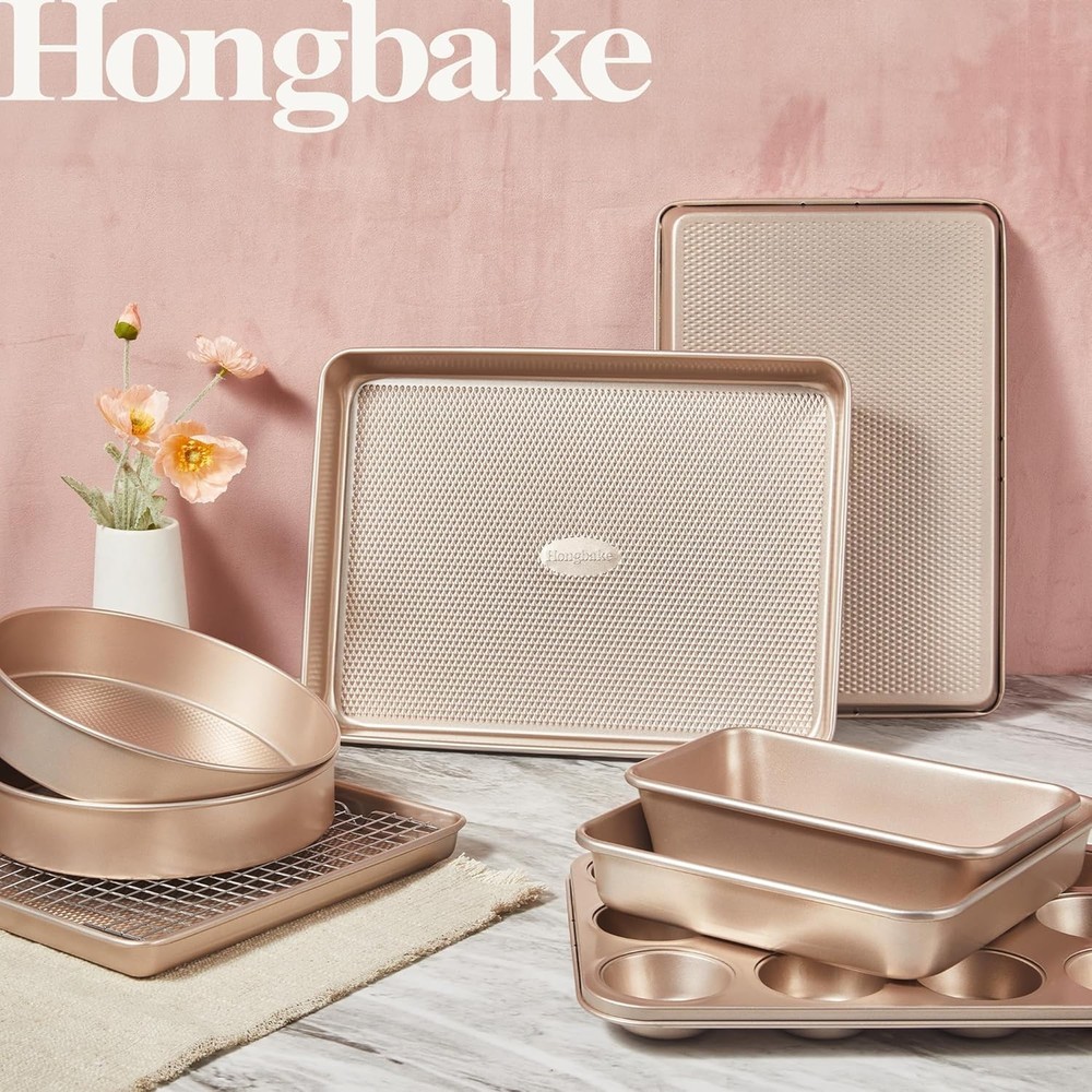 HONGBAKE 9-Piece Baking Pans Set Nonstick, Stackable Non Toxic Bakeware Sets wit