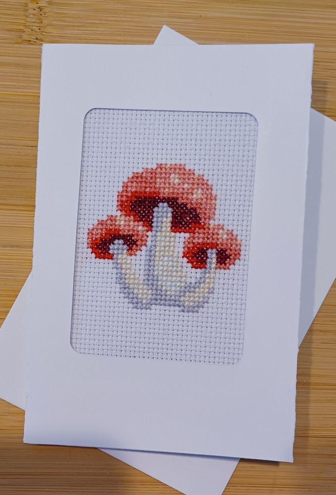 Mushrooms X-stitch. White card, blank insert & envelope.
