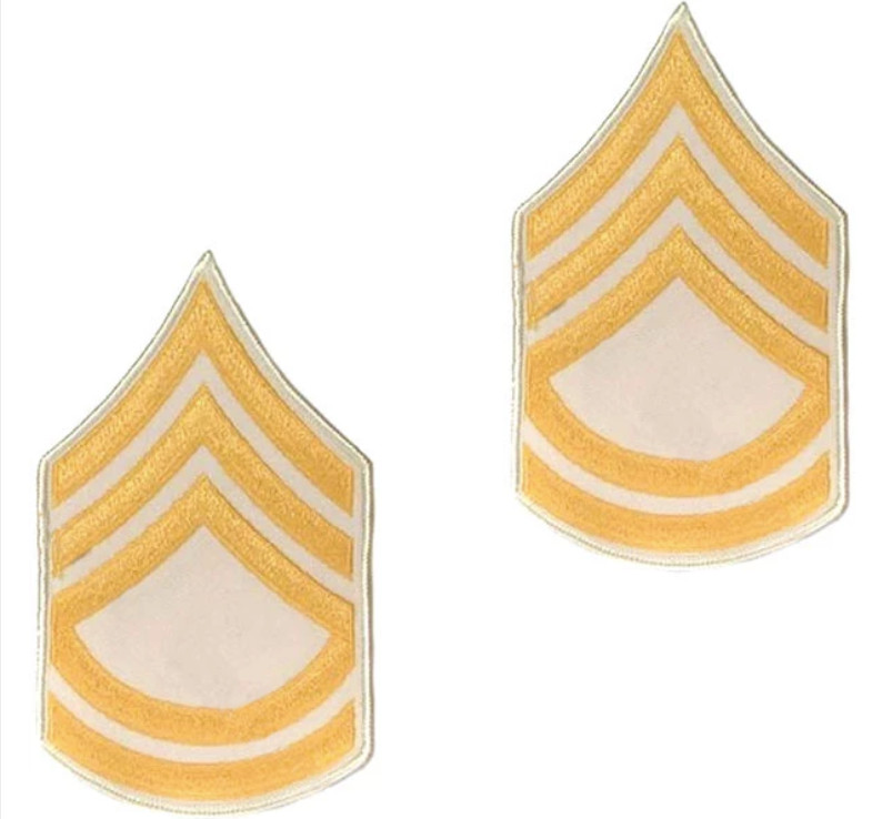 ARMY CHEVRON: SERGEANT FIRST CLASS - GOLD EMBROIDERED ON WHITE, MALE