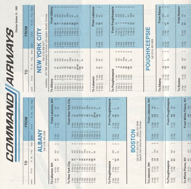 Command Airways timetable 1982/10/31