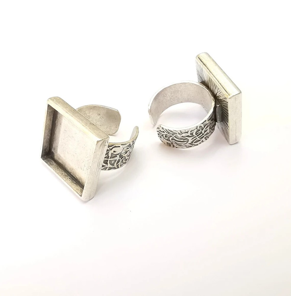 Square Antique Silver Ring Blank Settings, Cabochon Mounting Adjustable Resin