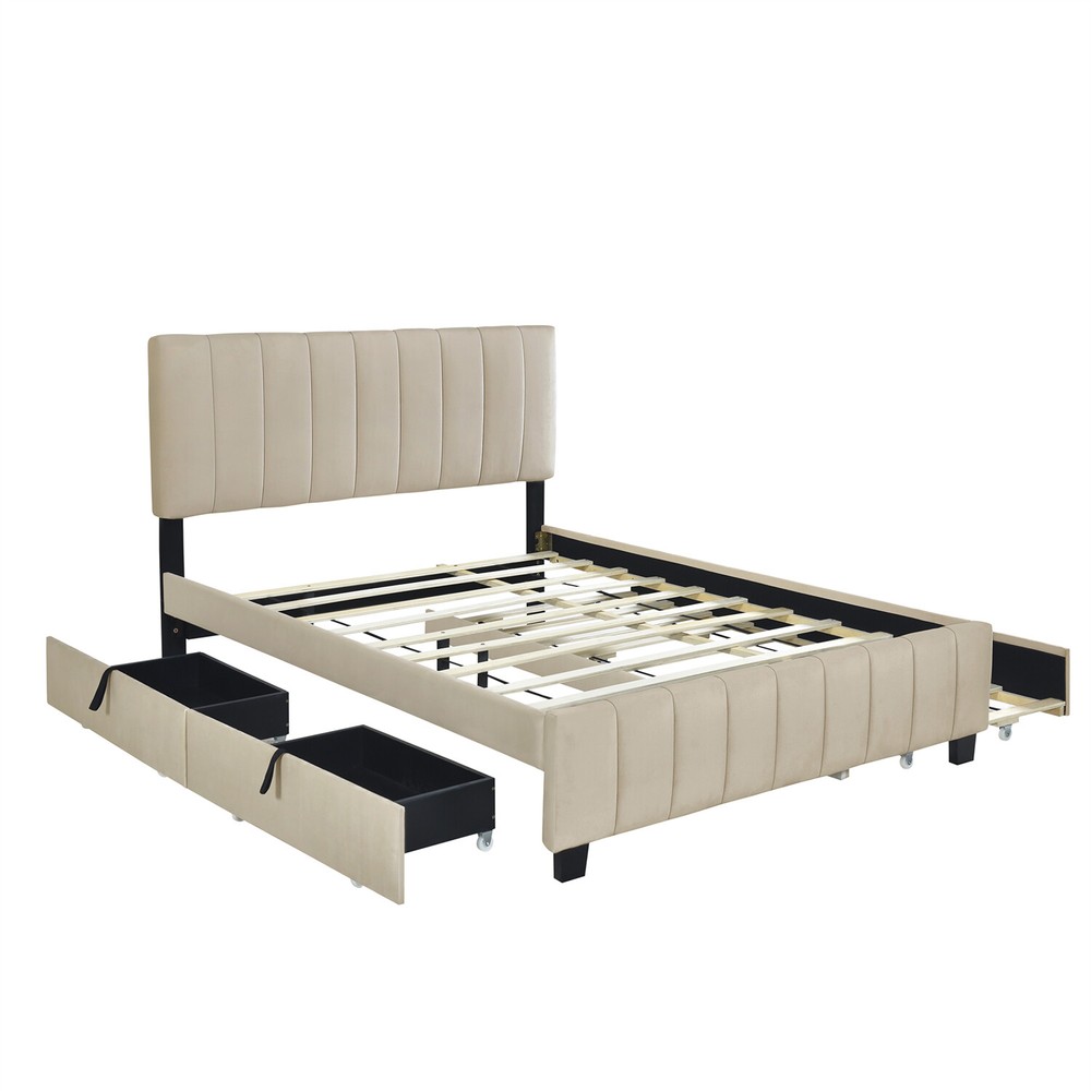 Queen Size Bed Frame Upholstered Platform Bed w/ Pull-Out Trundle & 2 Drawers