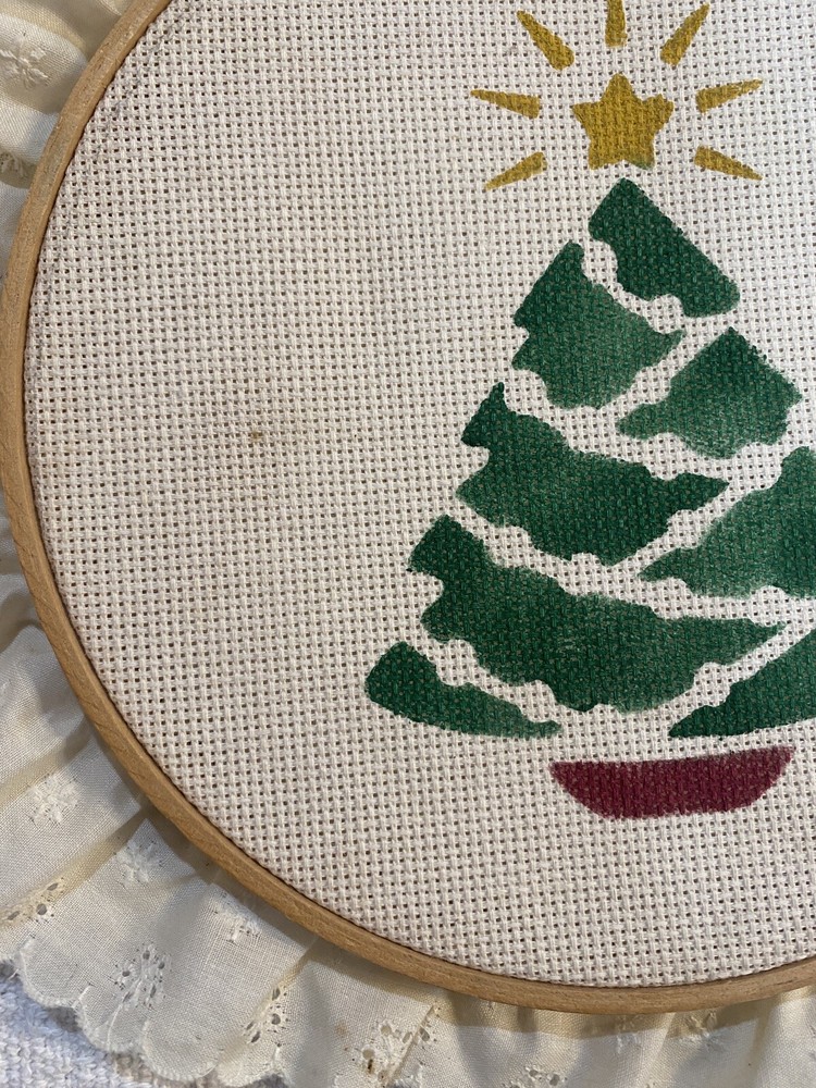 Vintage Hand Painted Christmas Tree on Needlepoint Canvas Embroidery Ring Framed