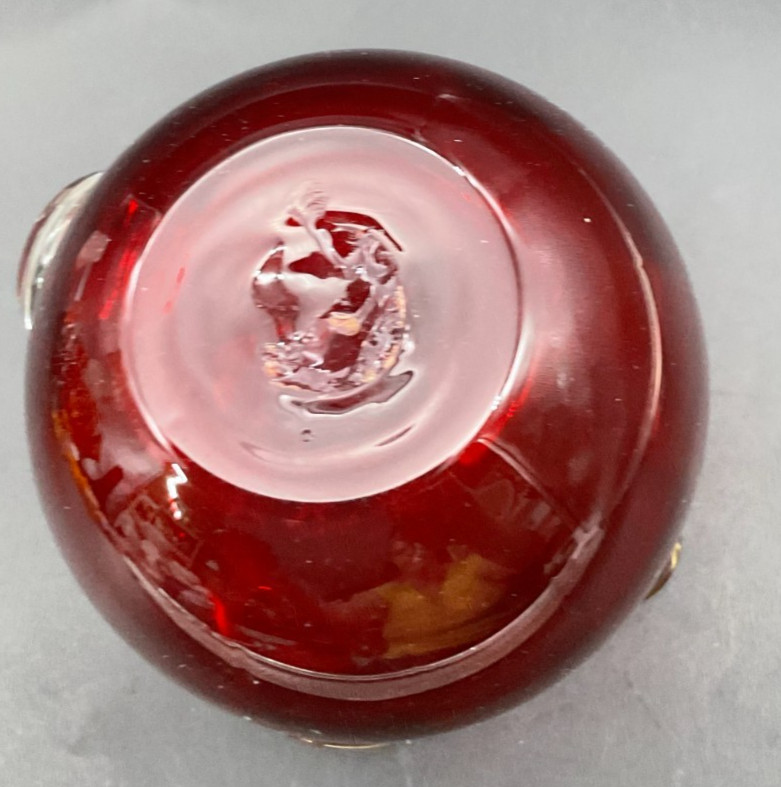 MCM Handblown Ruby Red Ruffled Clear Glass Handle Pitcher 5"