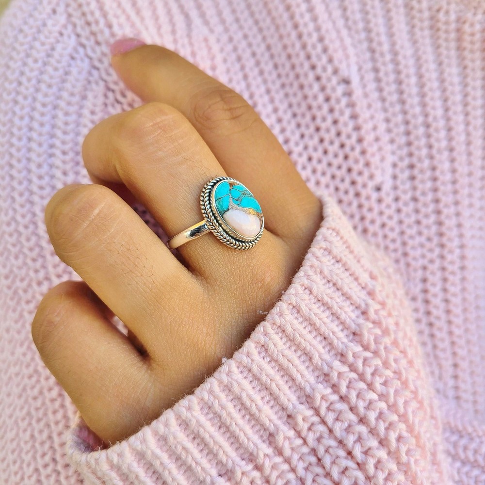 Oyster Copper Turquoise Ring 925 Sterling Silver Spiny Turquoise Statement Ring
