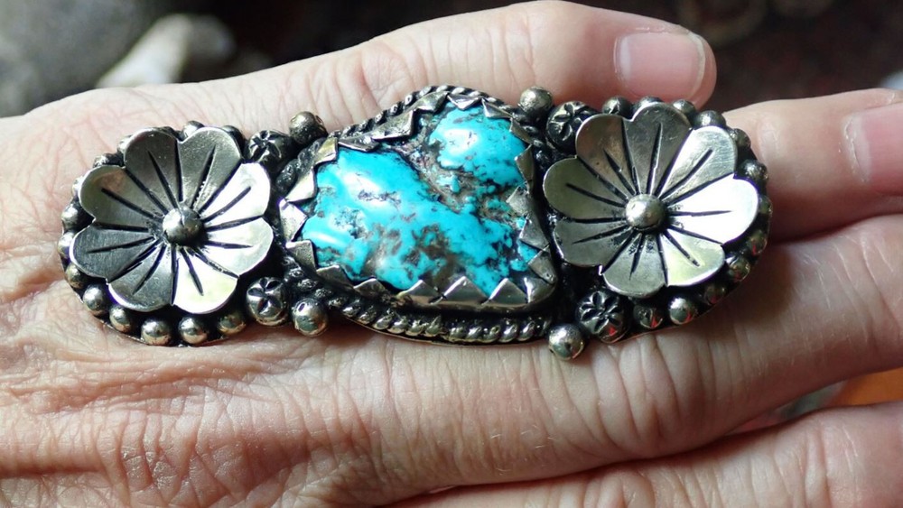 Turquoise and Flowers in Tibetan Silver Ring adjustable