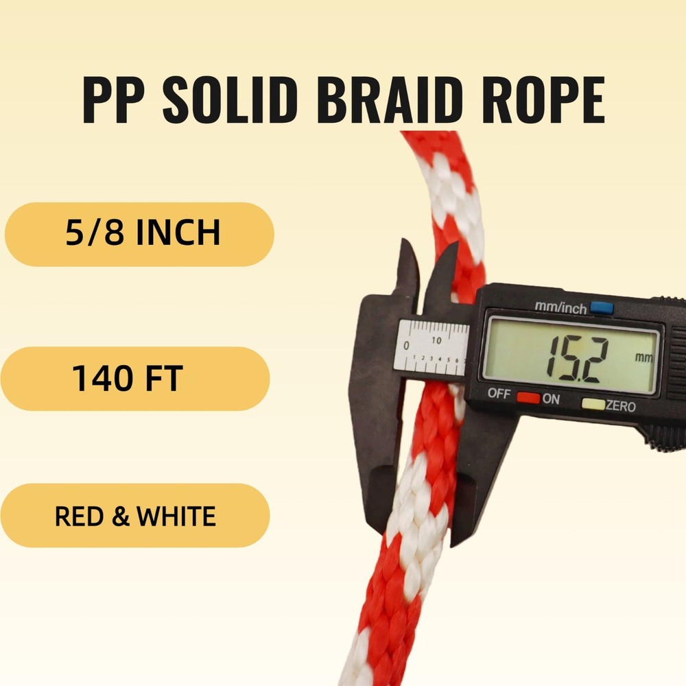 5/8 140 FT PP Heavy Duty Solid Braid Utility Rope Strong Multipurpose Rope