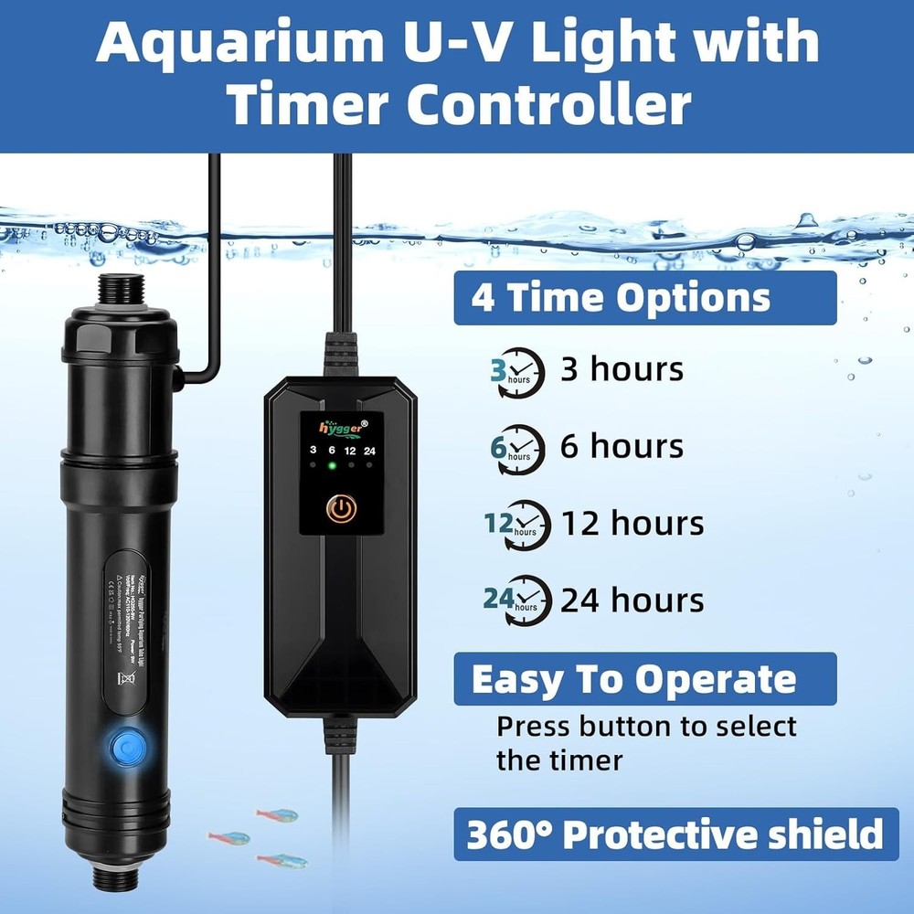 Compact U-V Light for Freshwater & Saltwater Aquariums - 7W with Timer & Shield