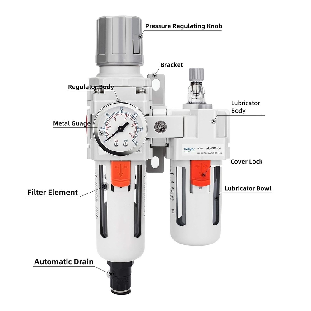Comprehensive 1/2" NPT Air Filter Regulator Lubricator with Auto-Drain Function