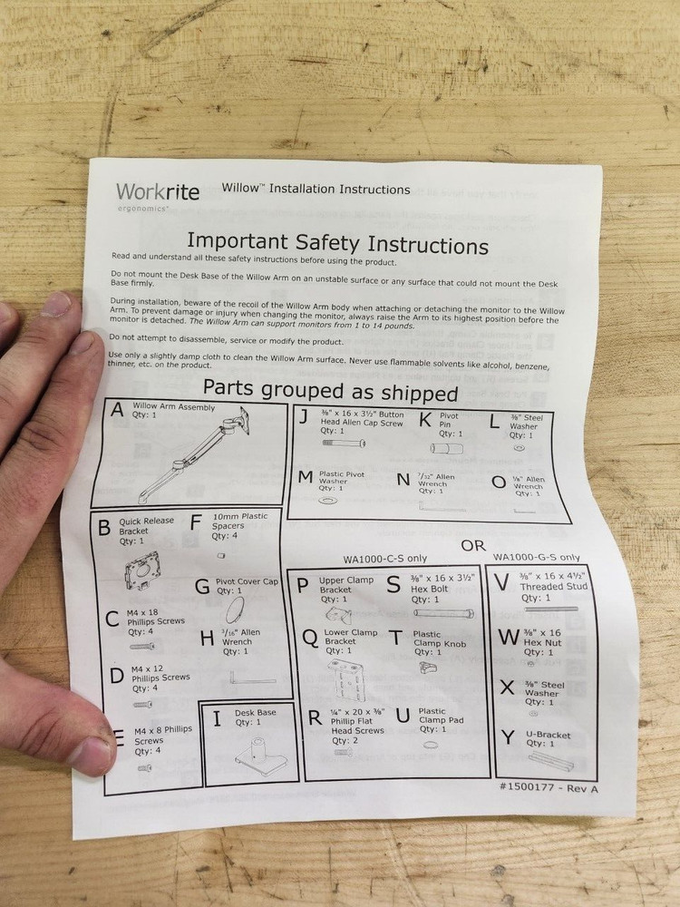 Workrite WA1000-C-S Willow Flat Panel Arm Clamp Base, Silver